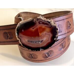 Vintage Red Mexican Agate Geode Slice Buckle Sunburst Tooled Leather Brown Belt